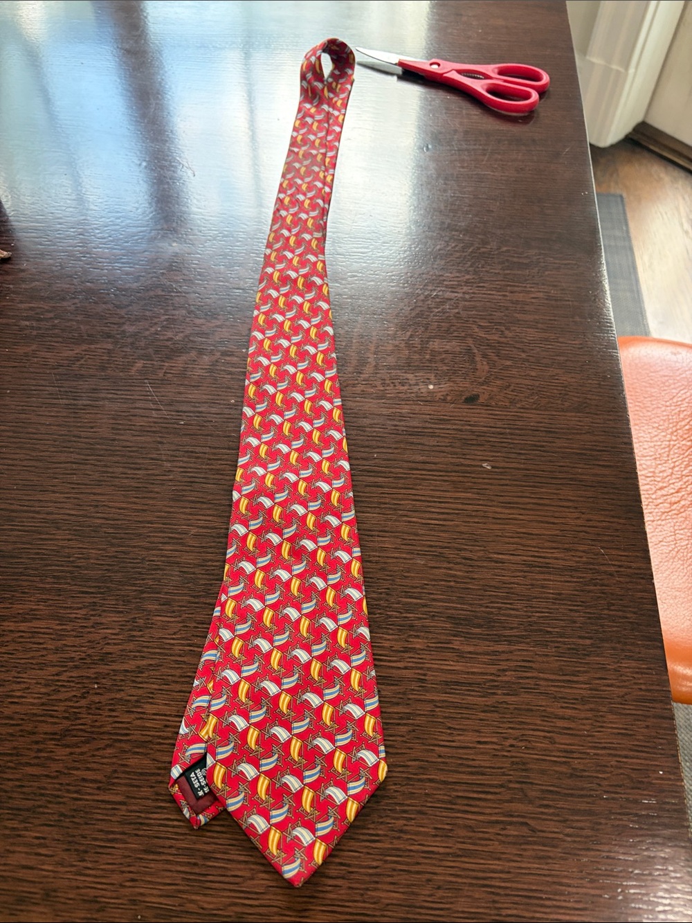 Salvatore Ferragamo Red Silk Tie with Yellow & Blue Geometric Motif